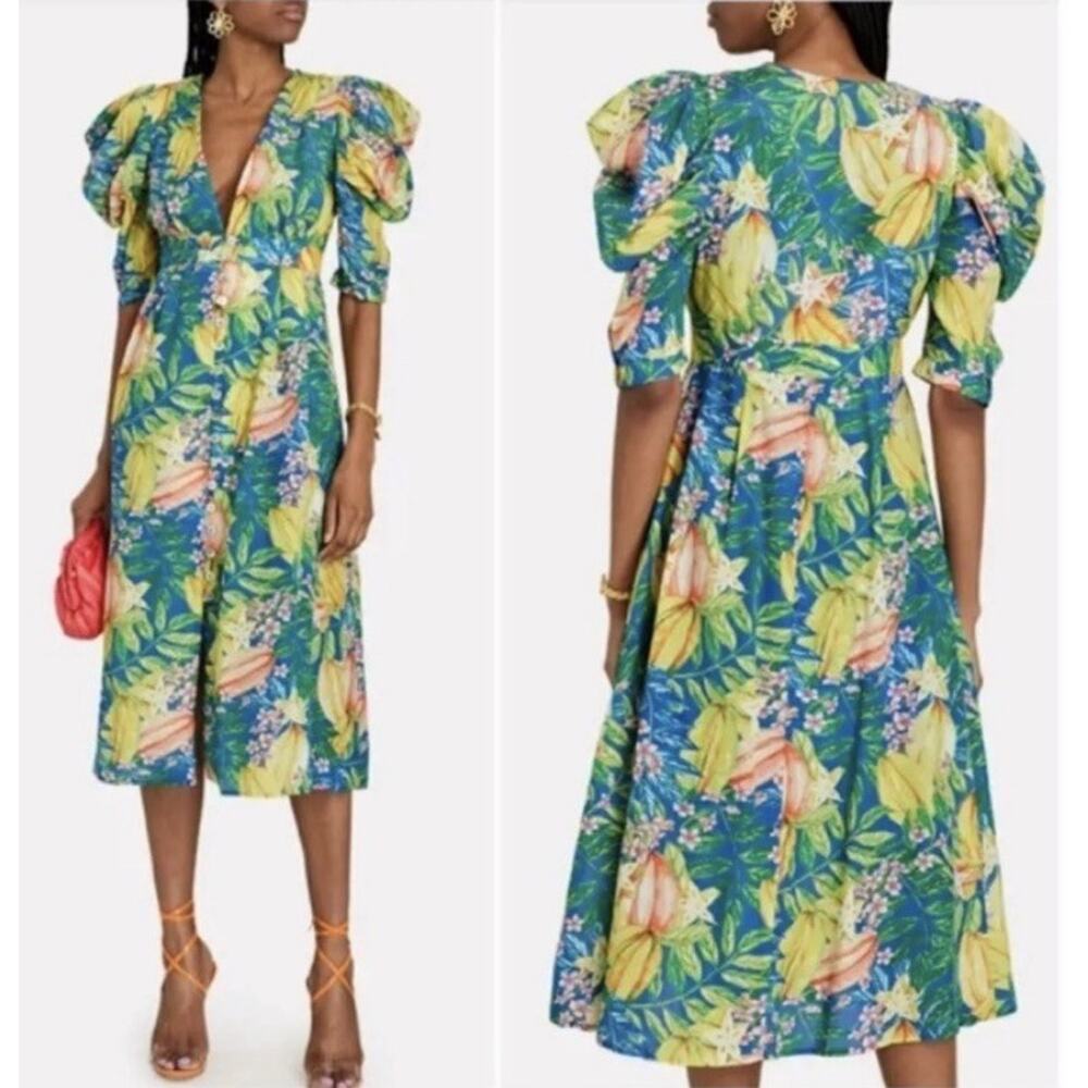 FARM RIO Star Fruits Tropical Puff Sleeve Midi Boho Dress XS MINT CONDITION